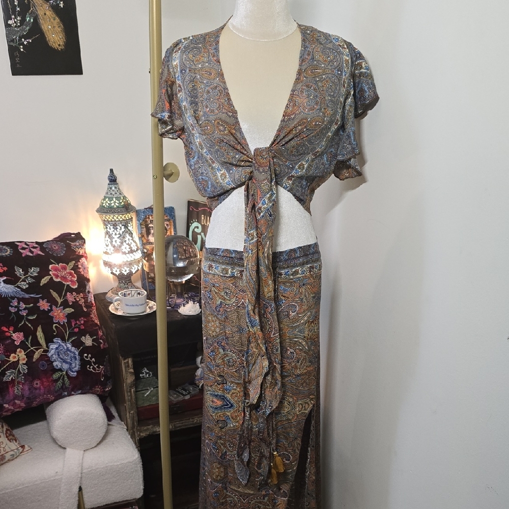 Bohemian Paisley Silk Blend Tie Crop Top And Maxi Skirt Set